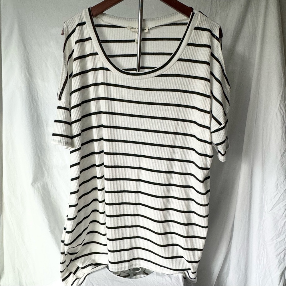 Black and white striped, open shoulder top